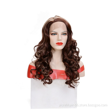 Wholesale brown fluffy synthetic wigs lace frontal wig deep curly and spring wave for the woman Top quality lace front wigs